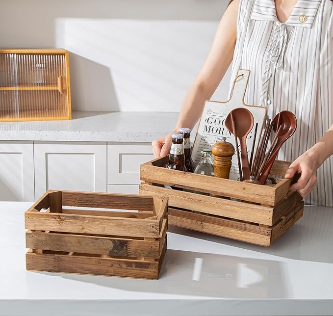 Set of 3 Nesting Wooden Crates, Rustic Wooden Storage Container Boxes with Cutout Handles, Decorative Farmhouse Wood Baskets for Display (Natural)-Ruum Studio Home
