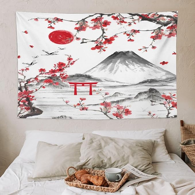 Red Cherry Blossoms Tapestry, Japanese Fuji Mountain Tapestry, Asian Japanese Wall Tapestry, Nature Landscape Tapestries for Bedroom Living Room Decor 60"x40"-Ruum Studio Home
