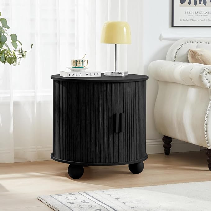 24" Large Fluted Round End Table with Charging Station, Farmhouse Cricle Sofa Side Table with Sliding Door and Storage, Rustic Curved Wood Nightstand for Living Room, Bedroom,Black-Ruum Studio Home