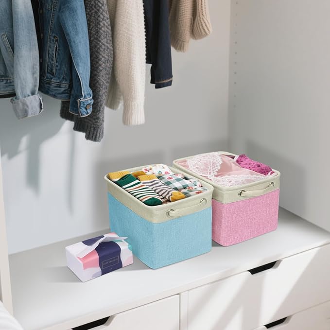 BALEINE 3 Pack Fabric Storage Bins for Shelves, Linen Storage Baskets for Organizing, Decorative Closet Bins for Clothes, Home (Skyblue, 12"x8"x8")-Ruum Studio Home