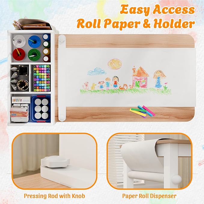 Kids Art Table and Chair - Toddler Craft Table and Chairs Set with 2 Chair & Bins, Large Storage Kids Activity Desk with Paper Roll for Playrooms & Classroom, 40" L x 20" W, Natural-Ruum Studio Home