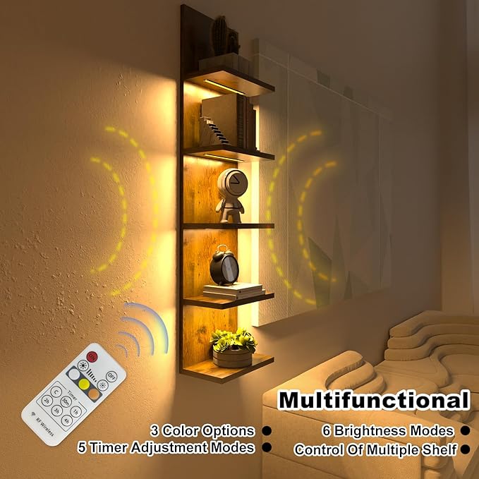 5 Tier Wall Shelf Unit, Modern Vertical Lack Wall Shelves with Light, Wall Mount, Floating Column Home Decor Shelves for Bedroom, Living Room, Vanity Storage Display(Dark Brown)-Ruum Studio Home