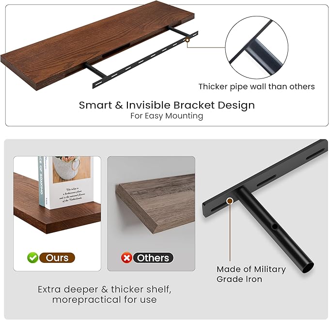 Fun Memories Solid Oak Wood Floating Shelves, 9.3 Inch Deep Natural Wood Shelf with Invisible Heavy Duty Bracket for Bathroom Bedroom Kitchen - 36inch Set of 2, Walnut-Ruum Studio Home