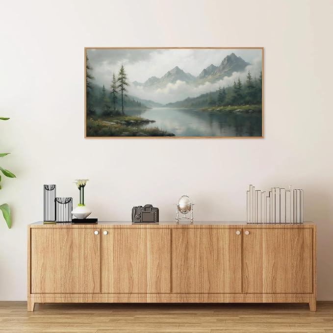 SIGNINART Large Misty Mountain Framed Canvas Wall Art, Green Forest River Scenery Wall Decor, Modern Foggy Wooden Landscape Artwork, Oil Style Nature Art Print for Living Room Bedroom Office 20"x40"-Ruum Studio Home