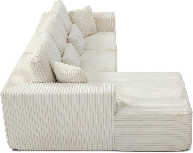 HYJT-H&K Modular Sectional Sofa Cloud Sectional Couch, 107" Comfy Fluffy L Shaped White Couches for Living Room, Deep Seat Memory Foam Plush Corduroy Boneless Couch Sectionals Left Facing Chaise Sofa-Ruum Studio Home