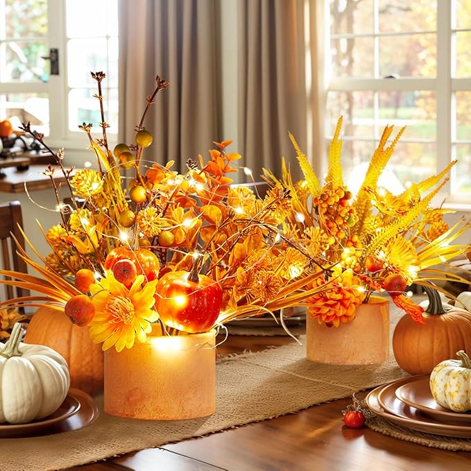 Thanksgiving Centerpiece Fall Table Flower - 2 Pack Lighted Realistic Artificial Table Plant with Western Modern Boho Rustic Aesthetic Bouquet Fall Decor Gift for Home Farmhouse-Ruum Studio Home