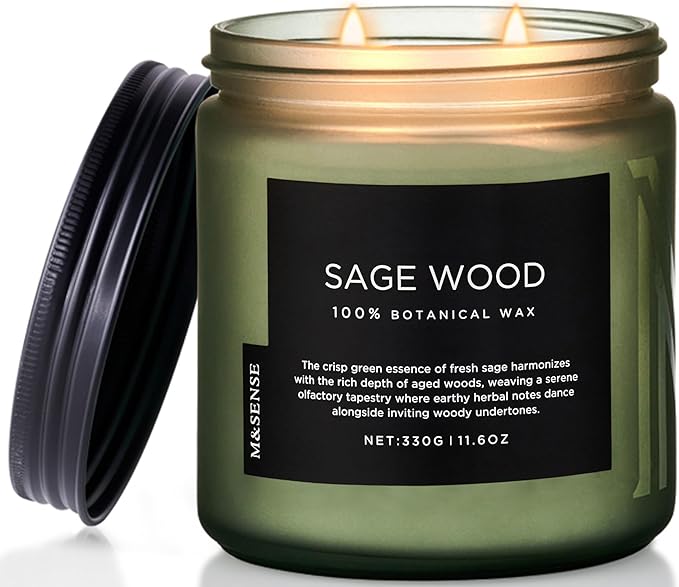 M&SENSE Sage Wood Scented Candle, 11.6oz 70 Hours Long Lasting Clean Non Toxic All Natural Soy Wax Candle for Relaxing & Stress Relief, 2 Wick Home Fragrance Gifts for Home Decor-Ruum Studio Home