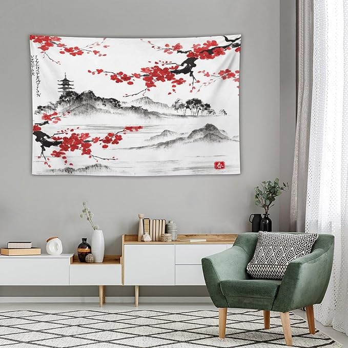 Cherry Blossoms Tapestry, Japanese Fuji Mountain Tapestry, Asian Japanese Wall Tapestry, Nature Landscape Tapestries for Bedroom Living Room Decor 60"x40"-Ruum Studio Home