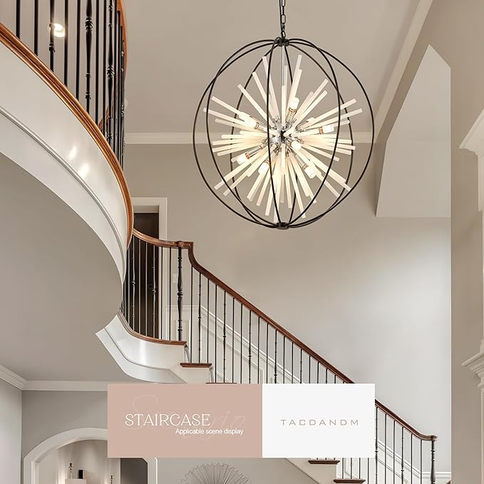 31.5" Black Chrome 16-Light Globe Sputnik Chandelier Modern Adjustable Hanging Ceiling Glass Tube Pendant Light Fixture for Entryway Foyer Stairway Dining Living Room Hallway-Ruum Studio Home