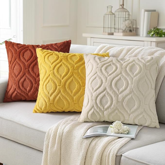 decorUhome Throw Pillow Covers 20x20 Inch Set of 2, Soft Plush Decorative Faux Fur Mustard Yellow Solid Couch Pillow Covers, Accent Farmhouse Neutral Square Euro Pillow Cases for Sofa Bed Living Room-Ruum Studio Home