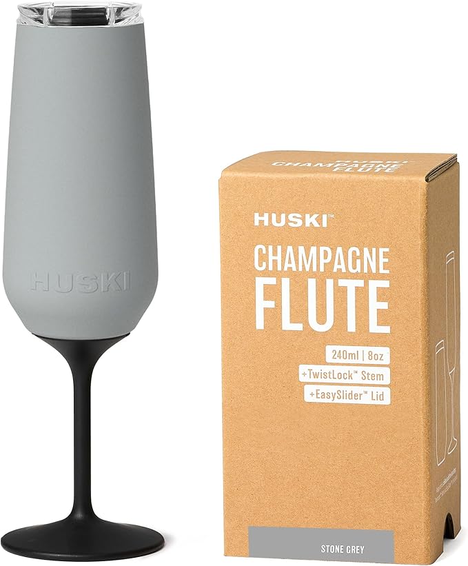 Huski Champagne Flute | NEW | Award-winning Design with Detachable Stem | Premium Stainless Steel Champagne Glass with Lid | Triple Insulated Tumbler | 8oz Capacity | Great Gift (Stone Grey)-Ruum Studio Home