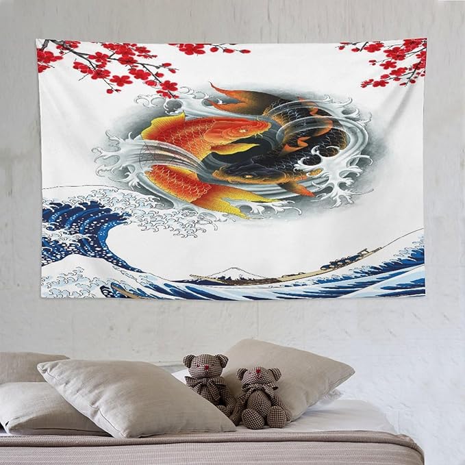 Houselerax Koi Fish Tapestry, Japanese Style Yin Yang Big Wave Cherry Blossoms Tapestries Wall Hanging for Bedroom Living Room Office Decor 90"x60"-Ruum Studio Home