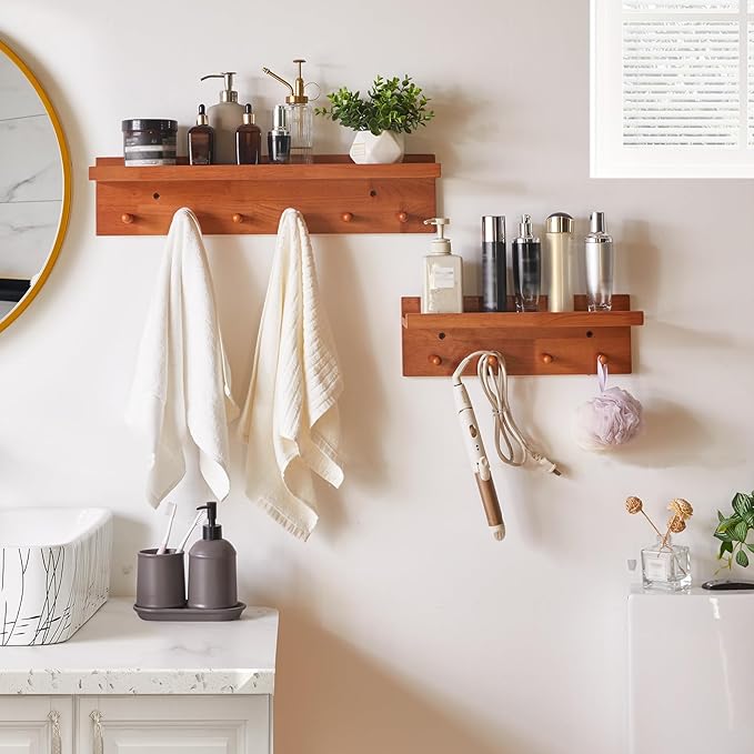 Wall Mounted Hook with Shelf,23.62in Entryway Wall Hanging Shelf,Solid Wood Coat Hooks,for Bathroom, Kitchen,Cherry Wood Color YD-WS0260C-Ruum Studio Home