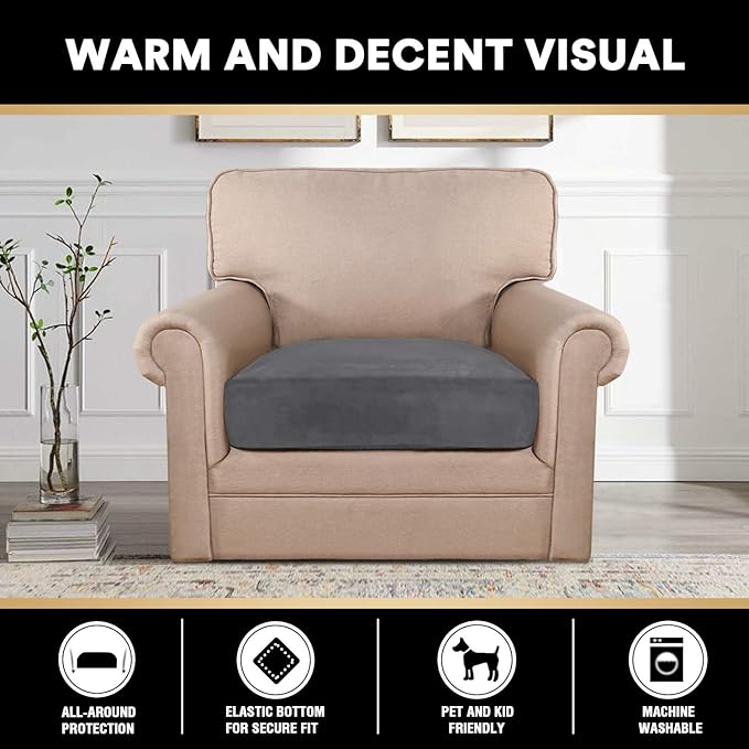 PrinceDeco Velvet Stretch Couch Cushion Cover, Sofa Slip Covers for Cushion Couch Chair Loveseat Sofa Furniture Protector Cushion Sofa Cover Each Width Up to 29.5", Grey-Ruum Studio Home