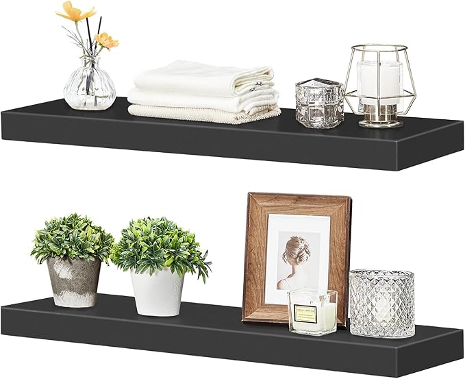 HOOBRO Floating Shelves for Wall, Wall Mounted Shelf Set of 2, 23.6" Hanging Shelf with Invisible Brackets, for Wall in Bathroom, Bedroom, Toilet, Kitchen, Living Room, Office, Black BK60BJ01-Ruum Studio Home
