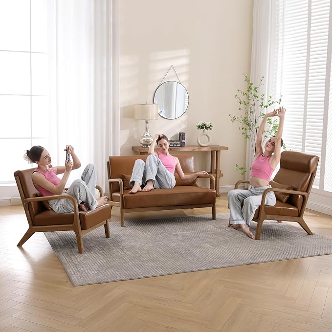 INZOY Mid-Century Modern Accent Chair Set of 2, PU Leather Reading Armchair with Waist Cushion, Upholstered Living Room Chairs for Bedroom Sunroom, Camel Set-Ruum Studio Home