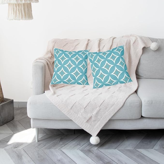 Embroidered Decorative Throw Pillow Cover, 18"x18" Set of 2, Farmhouse Pillowcase Blue Knit Pattern Cotton Canvas Cushion Case Square Floral Pillow Case for Sofa Couch Bed Living Room-Ruum Studio Home