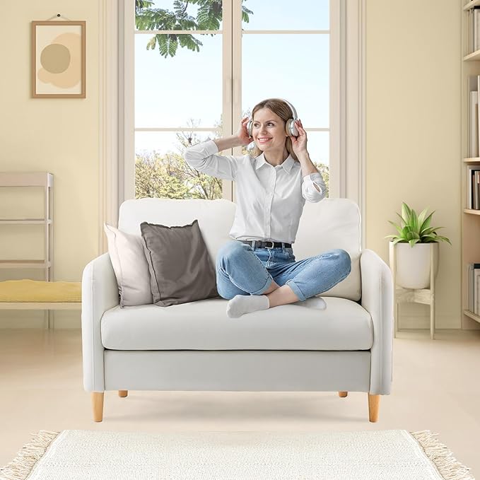 VINGLI 47" Small Couch, Beige Loveseat Mini Couch Mid Century Modern Decor Love Seat for Small Spaces Living Room, Bedroom, Play Room