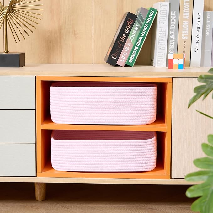 Large Shallow Organizing Baskets 15x11x5.1 Inches - Rope Woven Storage Bins for Bathroom, Shelves, Cube Closet, Light Pink 2 Packs-Ruum Studio Home