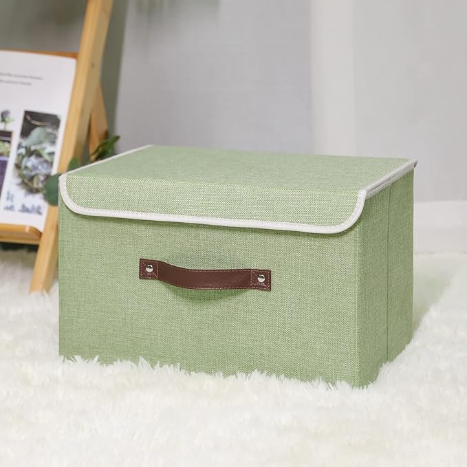 ANMINY Storage Bin with Lid Storage Boxes with PU Leather Handles PP Plastic Board Decorative Foldable Lidded Cotton Linen Fabric Home Cubes Baskets Closet Organizer Container - Green, Large Size-Ruum Studio Home
