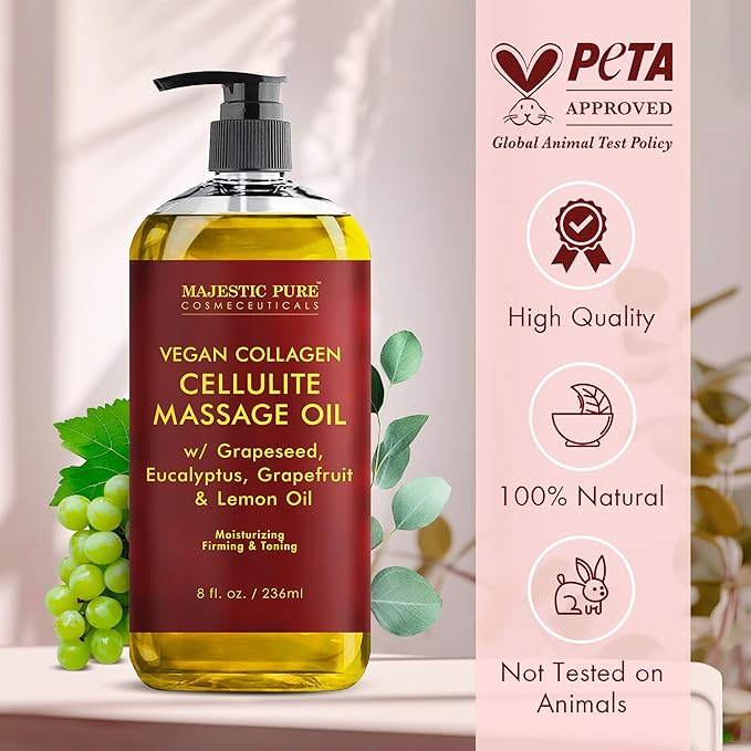 Majestic Pure Anti Cellulite Massage Oil for Massage Therapy - Refreshing, and Relaxing - Natural Oils with Vegan Collagen, Stem Cells & Cellulite Cream - All Skin Types - Men and Women - 8 fl oz-Ruum Studio Home