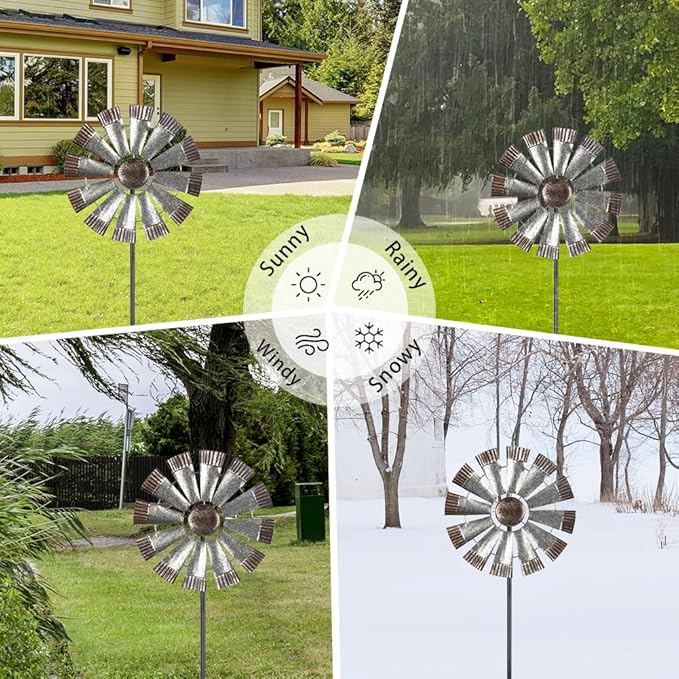 Wind Spinners Outdoor，Metal Vintage Style Single Sided Silver Windmill Kinetic Wind Spinner for Outdoor Garden Patio Yard Decor,Diameter 13 Inches-Ruum Studio Home