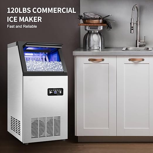 Commercial Ice Maker Machine 120Lbs/24H with 35Lbs Ice Capacity, 45Pcs Clear Ice Cubes Ready in 11-20Mins, Stainless Steel Under Counter Freestanding Large Ice Machine, 2 Water Inlet Modes-Ruum Studio Home