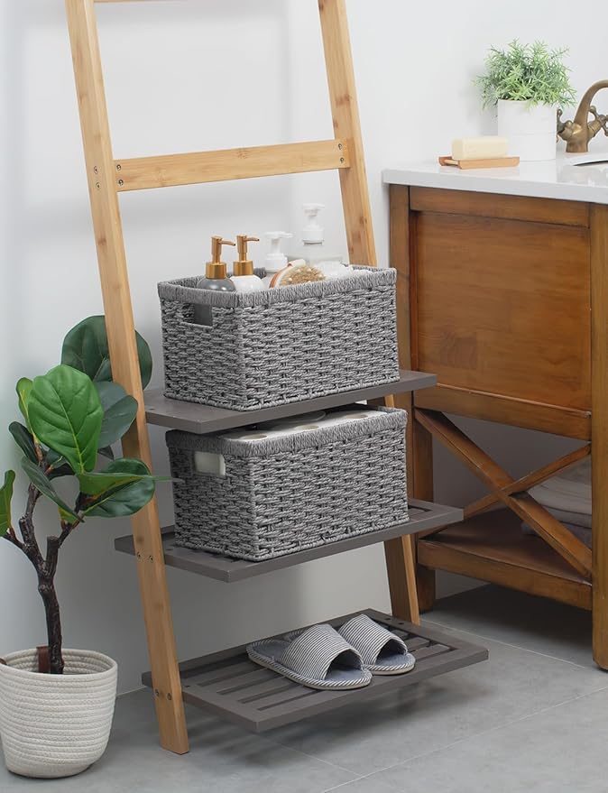 StorageWorks Round Paper Rope Storage Baskets, Rectangular Wicker Baskets with Built-in Handles, Gray, 2-Pack-Ruum Studio Home