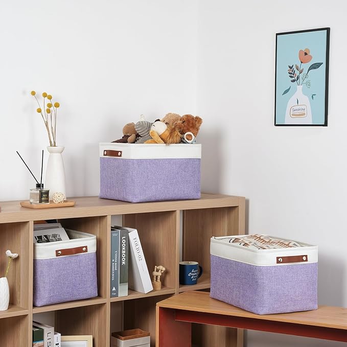 DULLEMELO Storage Baskets for Organizing, Shelves,Bedroom, Decorative Storage Bins with Leather Handles, Fabric Storage Basket for Office, Toys(3-Pack, White&Purple)-Ruum Studio Home