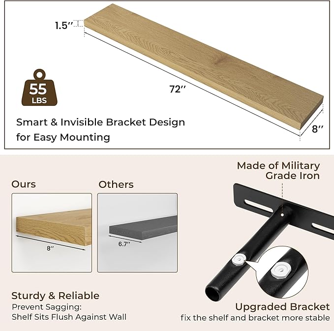 RICHFOCUS 72Inch Floating Shelves for Wall 1 Pack Shelves for Bedroom|Kitchen|Bathroom Wall Mounted Rustic Wood Floating Shelf with Invisible Brackets for Books|Storage|Decor, Oak-Ruum Studio Home