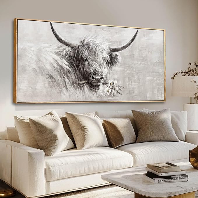 Farmhouse Wall Decor Framed Cow Artwork Grey Vintage Wall Art Canvas Flower Print Rustic Animal Pictures Style for Bedroom Dining Room 24x48 Inch-Ruum Studio Home