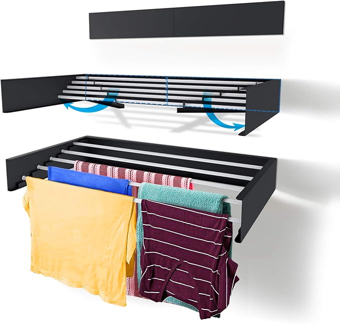 Step Up Laundry Drying Rack (28-INCH Industrial Gray), Wall Mounted, Retractable Clothes Drying Rack, 40lbs Capacity, 11.6 Linear Ft, with Wall Template and Long Screwdriver Bit-Ruum Studio Home