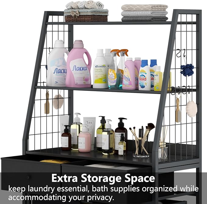 Laundry Hamper Laundry Basket with 3 Section Pull-Out Rolling Bags & 2-Tier Storage Shelf, Laundry Sorter for Organization and Storage with 2 Drawers for Laundry Room, Bathroom-Ruum Studio Home