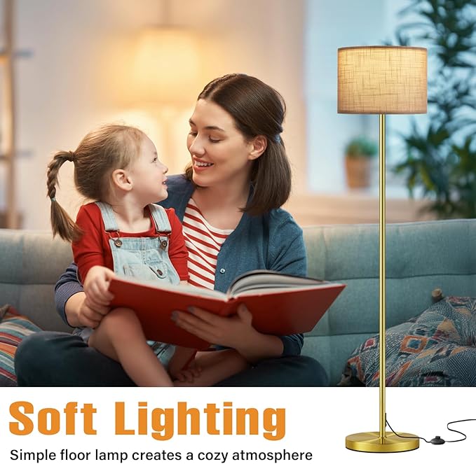 Ambimall 60'' Modern Floor Lamp with Shade, Tall Lamps for Living Room, Bedroom, Office, Dining Room, Linen Grey Shade with Brushed Gold Pole(Without Bulb)-Ruum Studio Home