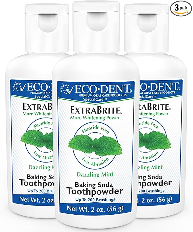 Eco-Dent ExtraBrite Baking Soda Toothpowder, Mint - Fluoride-Free Toothpaste Powder, SLS-Free Tooth Powder with Oxidizing Calcium Peroxide, Whitening Toothpaste Alternative, 2 Oz Ea (Pack of 3)-Ruum Studio Home