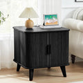 Farmhouse Square End Table with Charging Station, 24" Large Fluted Sofa Side Table with Sliding Tambour Door and Storage, Rustic Curved Wood Nightstand for Living Room, Bedroom, Black-Ruum Studio Home