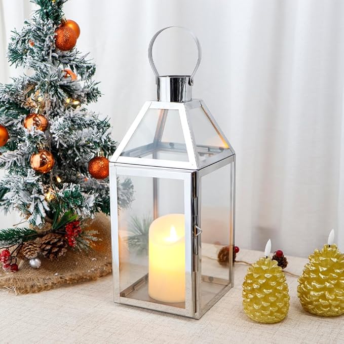 JHY Design Silver Decorative Lanterns 16inch High Stainless Steel Candle Lanterns with Tempered Glass for Indoor Outdoor Events Parities and Weddings-Ruum Studio Home