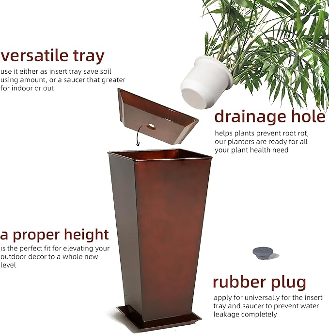 KOL 25''H. Galvanized Steel Planter with Saucer, Tall Glazed Planter Pots for Indoor & Outdoor Use, Set of 2, Decorative Flower Plant Pots with Drainage Hole for Porch, Patio, Deck - Reddish Brown-Ruum Studio Home