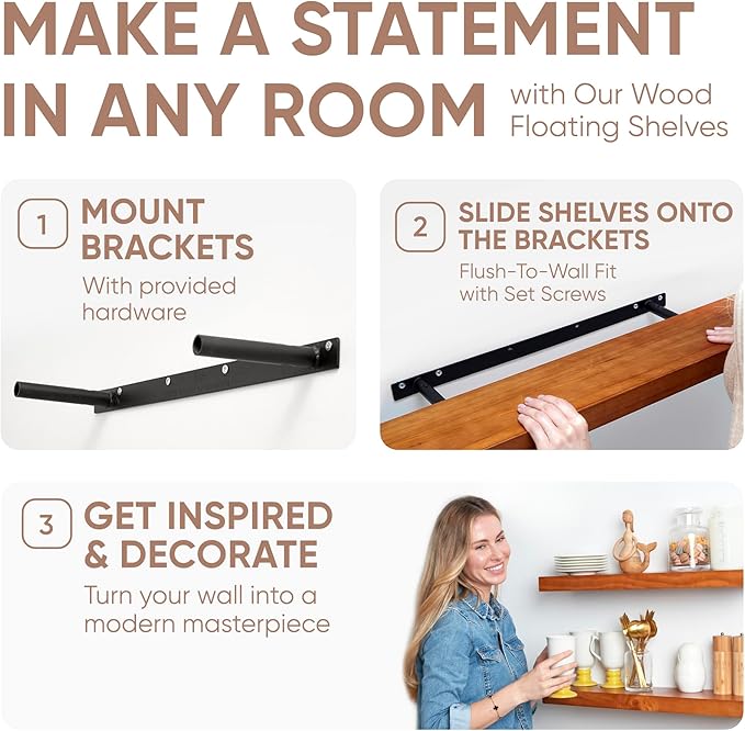 Homeforia Oak Floating Shelves 42 inch Long, High End Solid Real Wood 42inch Floating Shelf for Wall Mounted, Honey Oak Wooden 42in Floating Shelves, Heavy Duty Bracket, 42 X 6.5 X 1.75 in, Set of 2-Ruum Studio Home