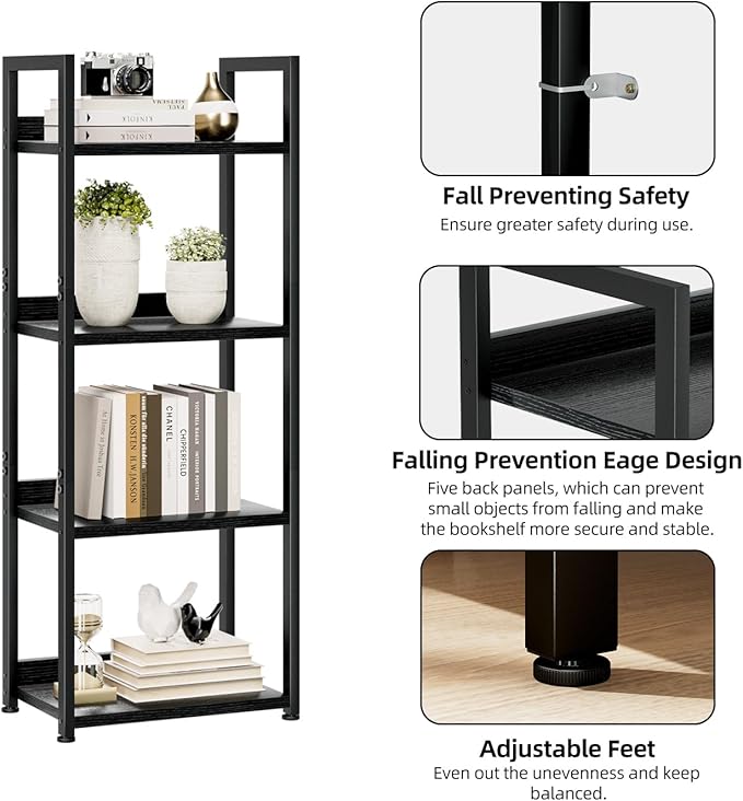 NUMENN Narrow Bookshelf, 4 Tier Bookshelves, Home Office Bookcase Shelf Storage Organizer, Free Standing Storage Shelving Unit for Bedroom, Living Room and Home Office, Black-Ruum Studio Home