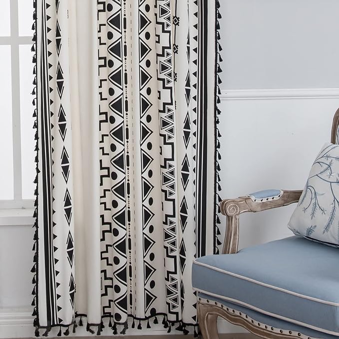 Sutuo Home Black and White Boho Curtain 84 Inches Length for Bedroom, Printed Cotton Linen Geometric Rod Pocket Chic Semi Blackout Bohemian Tassels Window Treatment, 1 Panel 59" W x 84" L-Ruum Studio Home