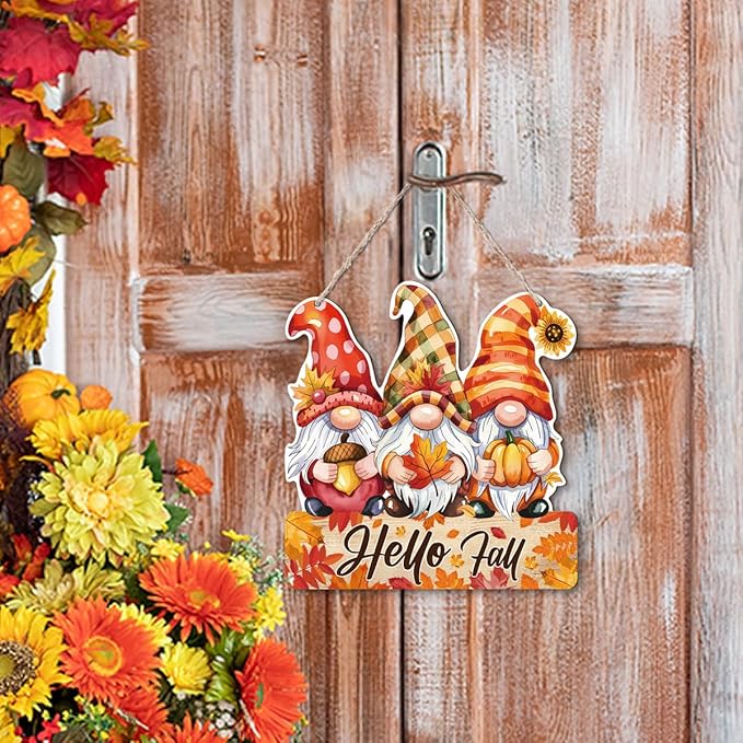 Hello Fall Wood Hanging Gnome Decoration, Autumn Wooden Signs, Rustic Thanksgiving Decoration, Home Interior And Exterior Decor, Autumn Harvest Thanksgiving Home Decor-Ruum Studio Home