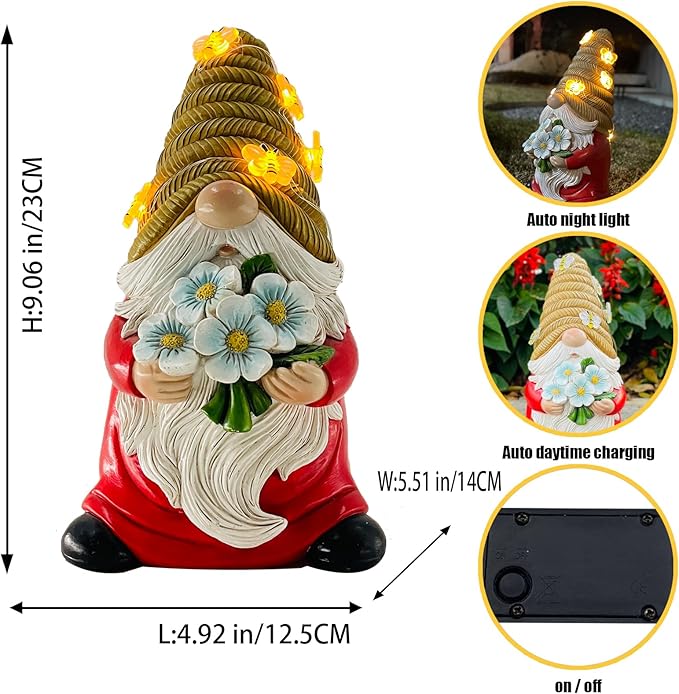Outdoor Garden Gnomes Statue, Bee Flower Gnome Sculpture, with Solar LED Lights for Yard, Patio, Lawn Ornaments for Garden, Patio Gnome Gifts for Mom-Ruum Studio Home