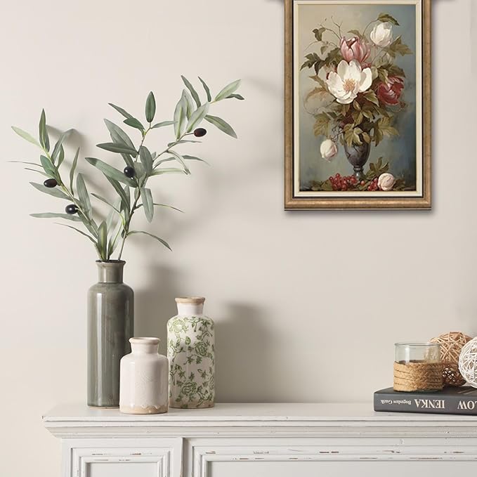 Vintage Vase Set of 3, Ceramic Vintage Flower Vases, Chinoiserie Decorative Home Decor Retro Floral Vase Rustic Farmhouse Decor for Table Bookshelf Mantel Kitchen Living Room Office - Green and Beige-Ruum Studio Home