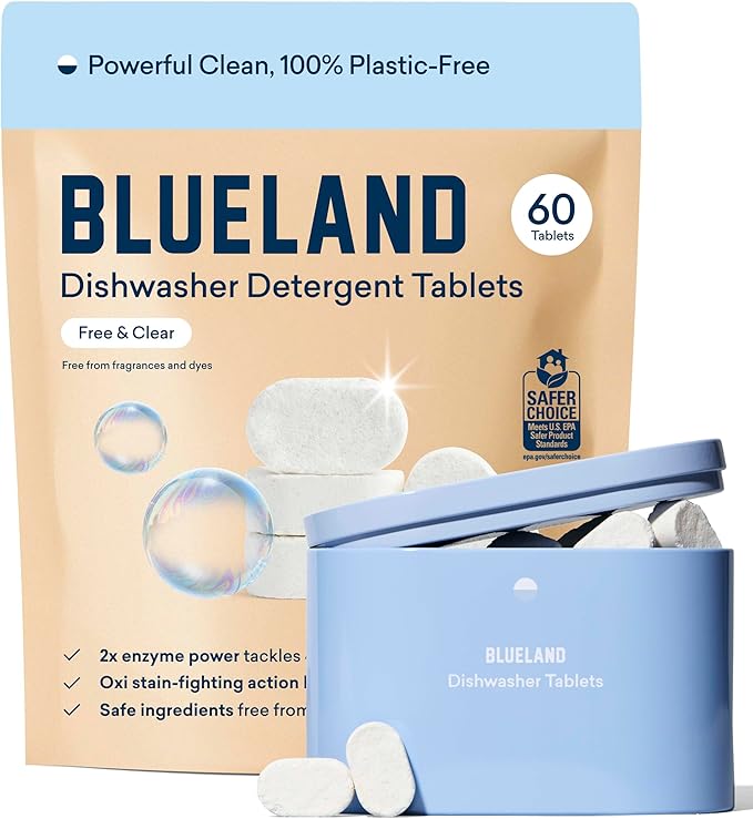 BLUELAND 100% Plastic-Free Dishwasher Detergent Tablets, Starter Set, 60 Count with tin, Free & Clear, Eco-Friendly Dishwashing Pods, Natural, Sustainable-Ruum Studio Home