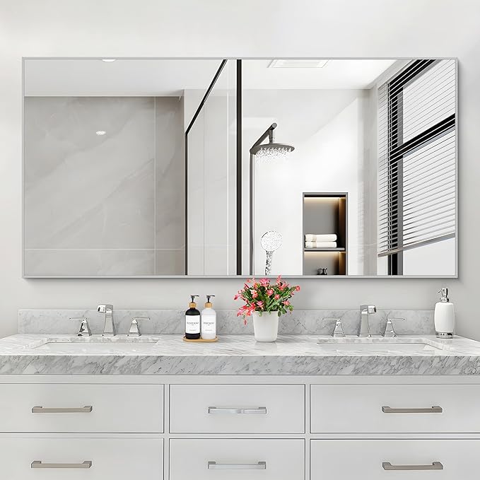 30x55In Silver Bathroom Mirror for Wall, Brushed Nickel Rectangle Mirrors with Metal Frame, Bathroom Rectangular Mirror Modern Wall Mirror for Bedroom Living Room, Hangs Horizontal or Vertical-Ruum Studio Home