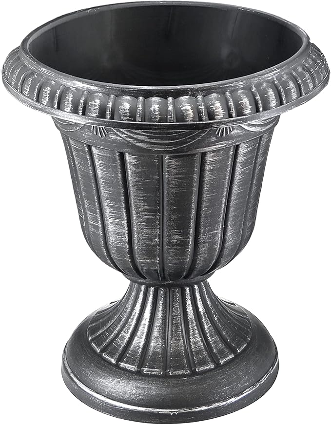PL10SL Classic Traditional Plastic Urn Planter Indoor/Outdoor, 15" x 13", Brushed Silver-Ruum Studio Home