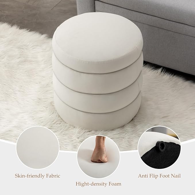 Furniliving Modern Round Ottoman, Soft Bedroom Ottoman Footstool Round Ottomans Stool for Living Room, Bedroom, Makeup Room, White, Velvet-Ruum Studio Home