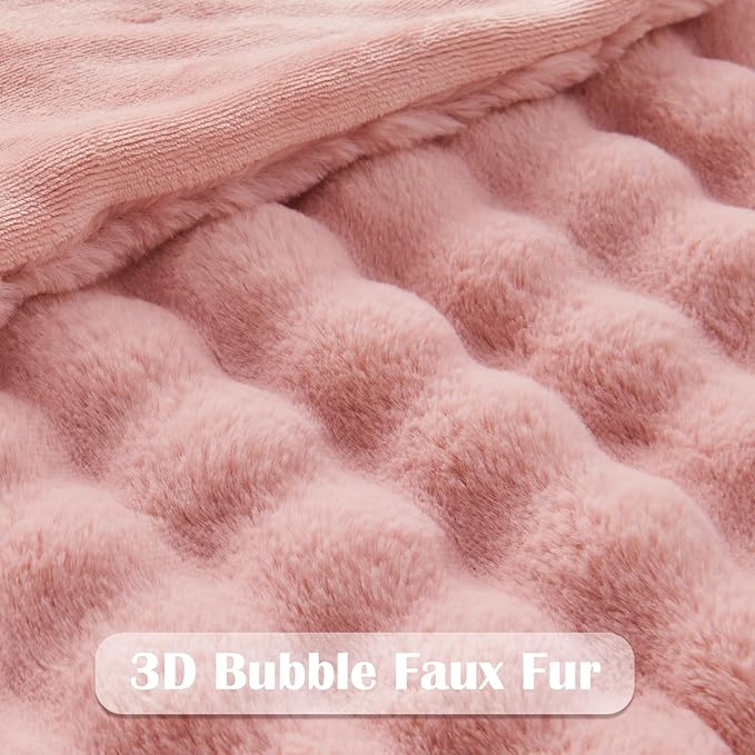 NEWCOSPLAY Faux Fur Throw Blanket Pink Bubble Blanket Thick Warm Soft for Couch Sofa Bed 550GSM (Pink, Throw(50"x60"))-Ruum Studio Home