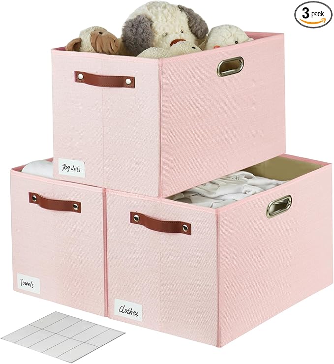 3-Pack Foldable Fabric Storage Bins with Durable PU & Metal Handles, Collapsible Storage Baskets for Shelves, Home Storage, Closet Organizers, Living Room(17"x11.8"x11.8", Pink)-Ruum Studio Home